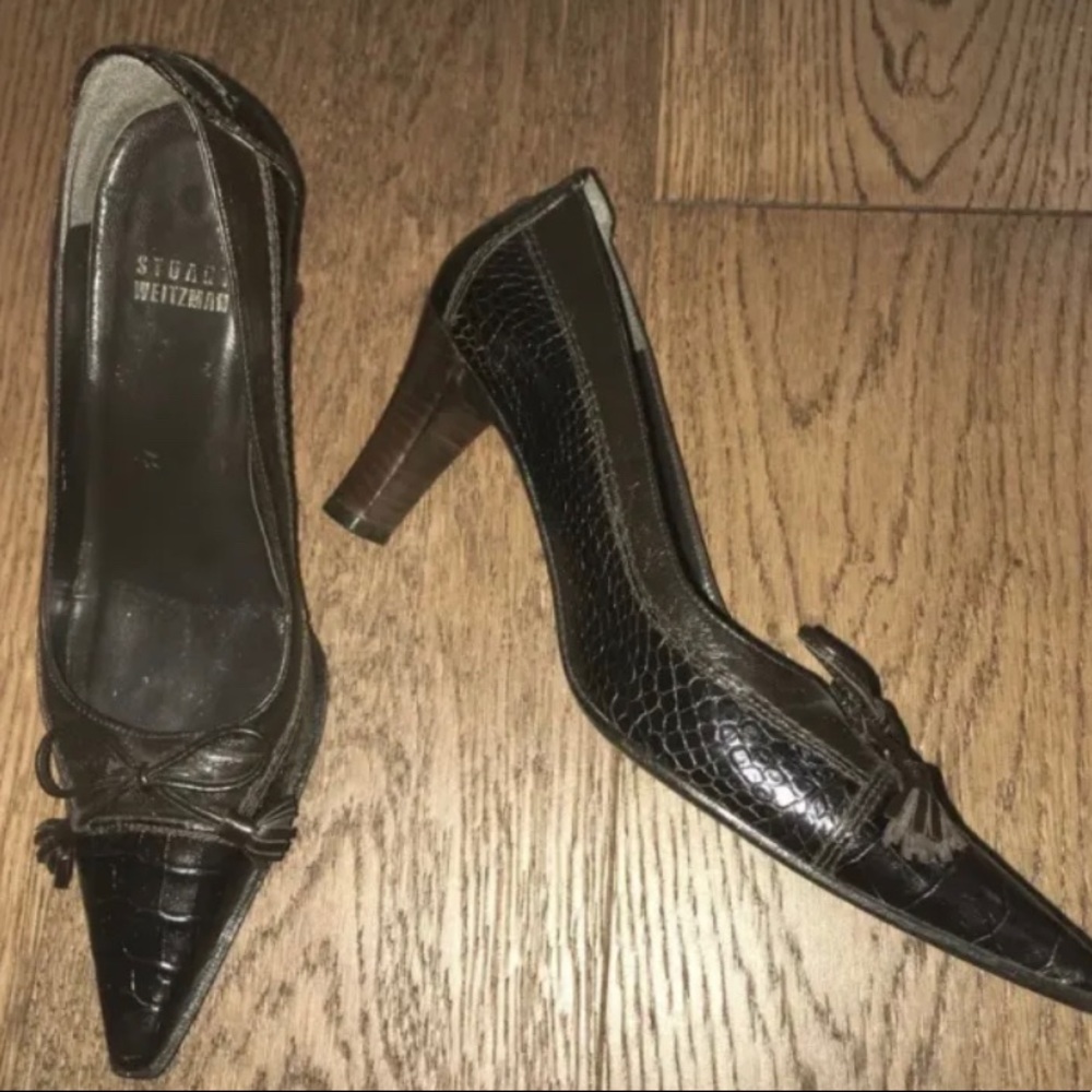Stuart Weitzman Pumps Heels Shoes Brown Textured Leather Tassel Detail Size 4
